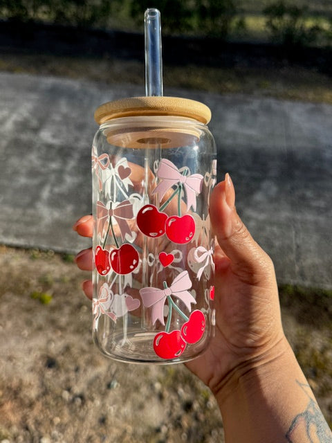 Libbey Glass Cup with Pink Bows & Cherries | Cute Aesthetic Iced Coffee Cup | 16oz Beer Can Glass with Lid & Straw | Girly Gift Idea