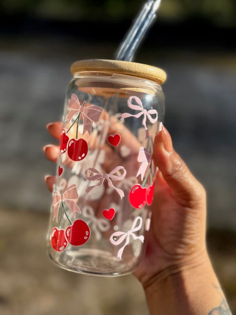 Libbey Glass Cup with Pink Bows & Cherries | Cute Aesthetic Iced Coffee Cup | 16oz Beer Can Glass with Lid & Straw | Girly Gift Idea